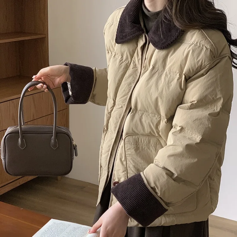 Jaqueta chique com retalho cortado para mulheres, jaqueta acolchoada de algodão, casaco leve com bolso, manga longa, casacos quentes, outono e inverno