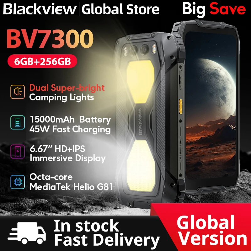 Blackview BV7300 teléfono resistente 6,67 ''HD + IPS 90Hz pantalla doble luz de Camping NFC 15000mAh 45W carga rápida Android 14 teléfono móvil