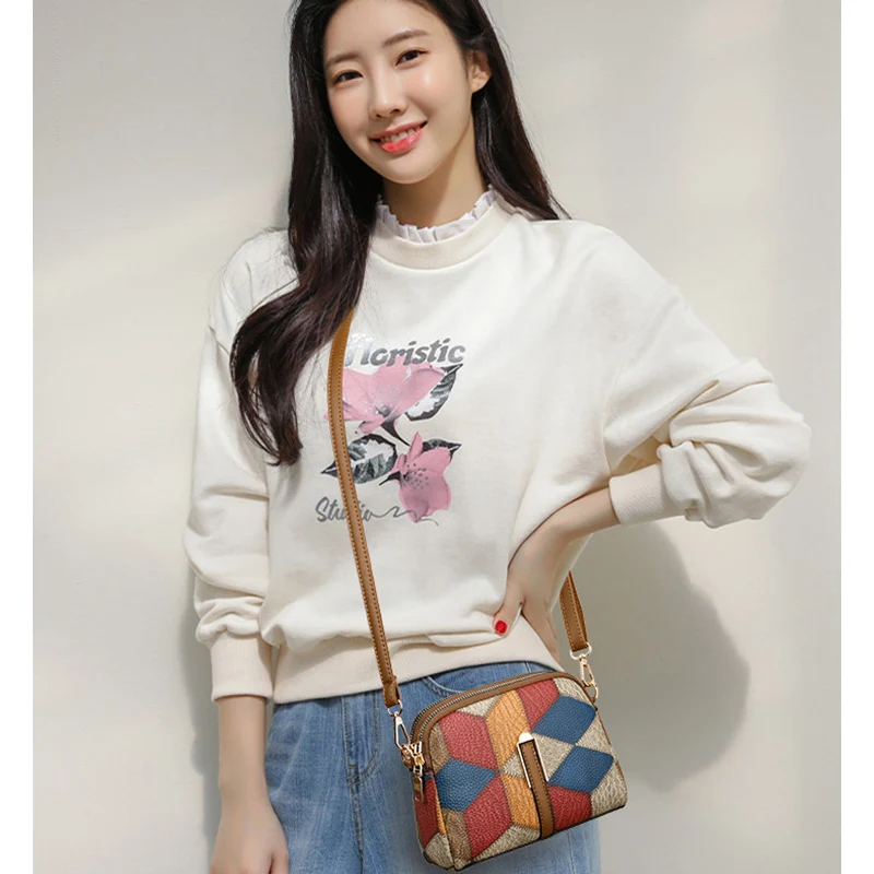 XOUHAM カラーブロックショルダーバッグ女性のためのナショナルスタイルダブルジッパークロスボディバッグレディース Pu レザー財布ファッションハンドバッグ