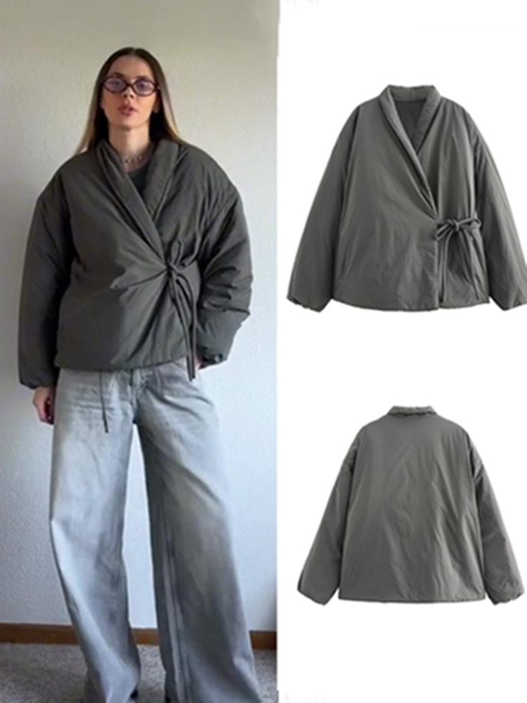 Sznurowany bawełniany płaszcz damski Szary luźny długi rękaw Kimono Style Kurtki damskie 2024 Jesień Zima Nowa gruba odzież wierzchnia do pracy