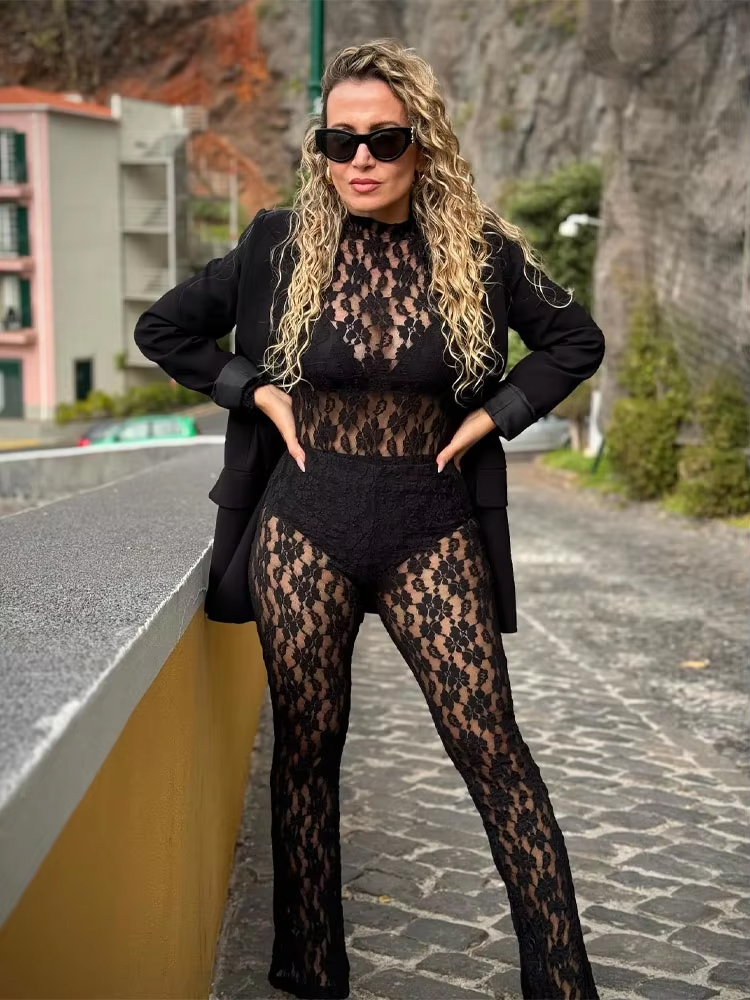HH Frauen Neue Mode Vielseitige Spitze Overalls Mit Langen Ärmeln Aushöhlen Schlank Onesies Weibliche Sexy Elegante Wilde frauen Bodys