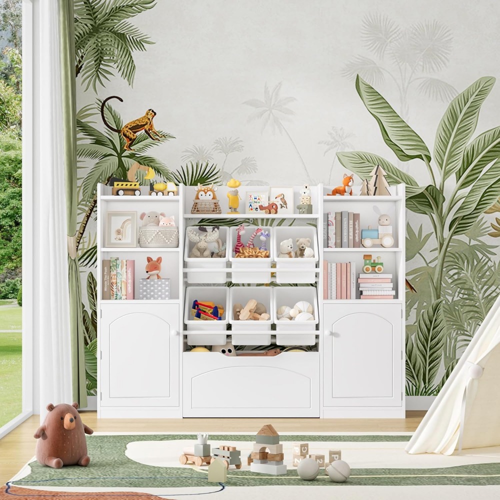 55-inch multi-functional kids storage organizer with removable bins and bookshelf