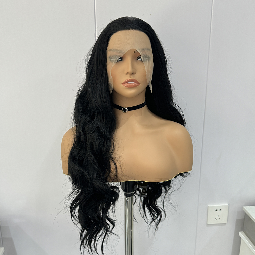 Perucas sintéticas pretas de renda para mulheres, cabelo comprido, corpo ondulado, fibra resistente ao calor, peruca sem cola, uso diário, cosplay