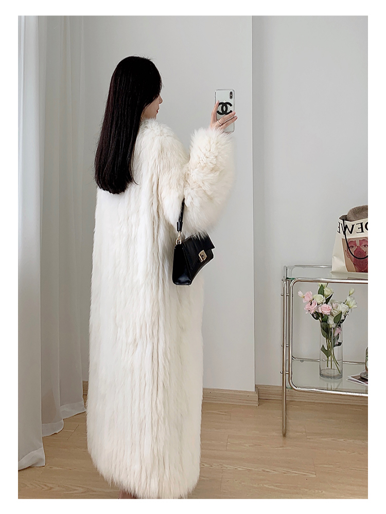 Women's Long Thickened 2024 New Sle Fox Fur Coat Young Sle over Knee Slimming Coat V-Neck Long Sleeve Business Casual Coat
