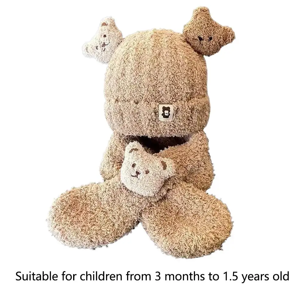 Conjunto de cachecol e chapéu de inverno de urso fofo para crianças de 3 meses a 1,5 anos de lã grossa com capuz e caveira, roupa quente para crianças