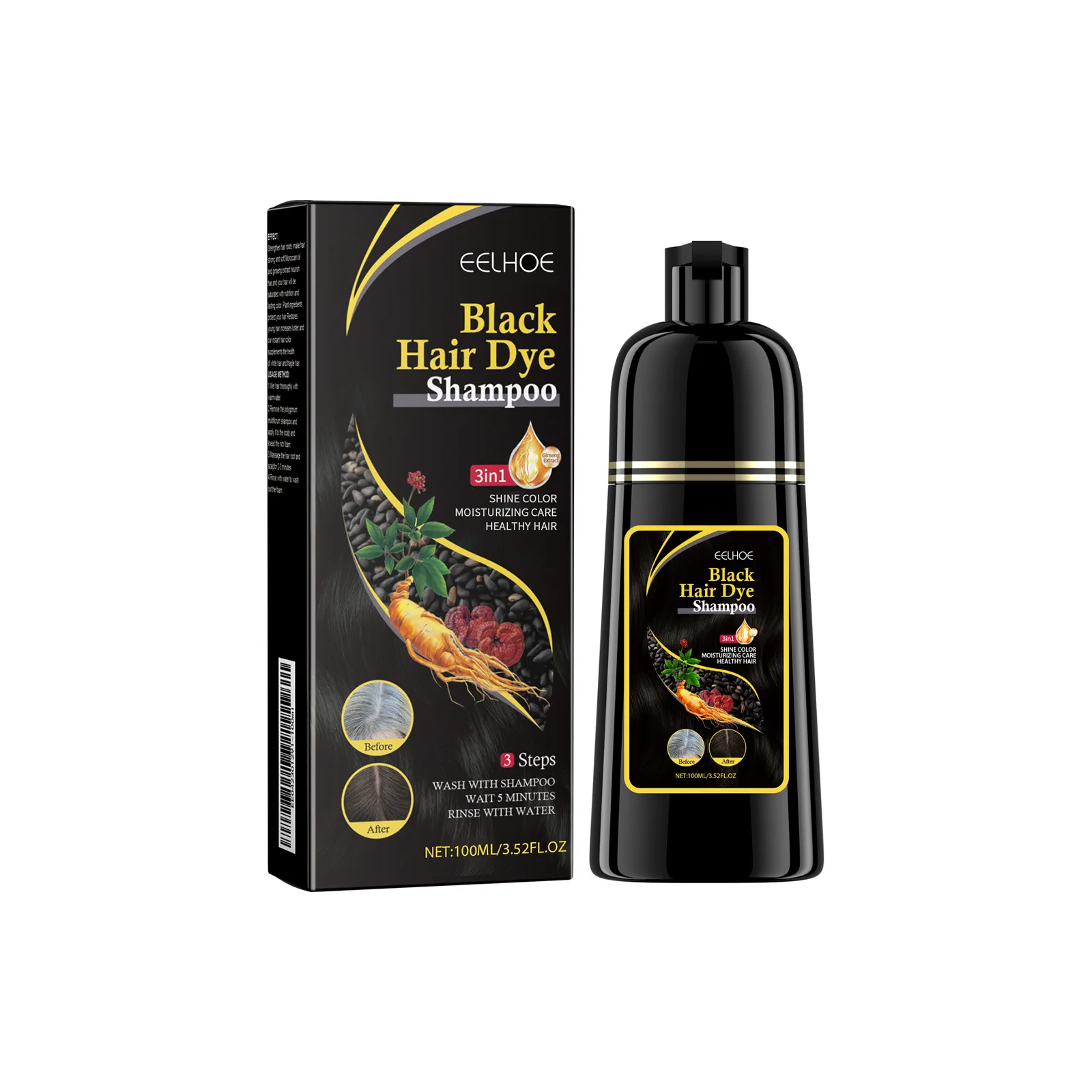 EELHOE 100ml Natural Plant Hair Dye Shampoo 3 in 1 Hair Color Shampoo for Gary Hair Quick Dark Black And Women Men Grey Coverage