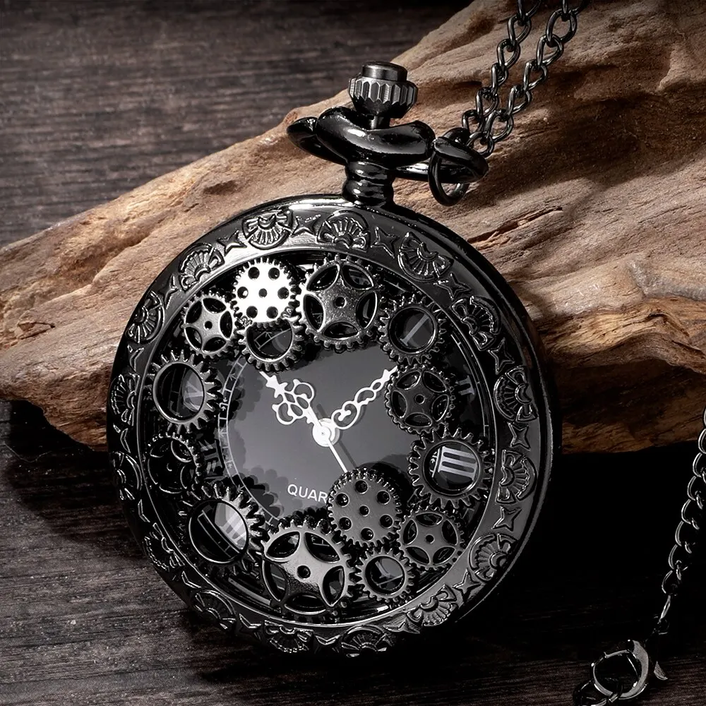 Steampunk Copper Vintage Hollow Gear Oco Quartz Pocket Watch Colar Pingente Relógio Cadeia Homens Mulheres com Corrente Presentes