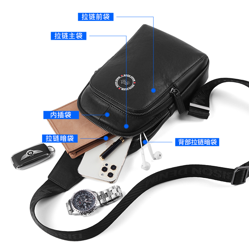 BISON DENIM NIEUWE Borsttas Lederen Crossbody Tassen Mannen Multifunctionele Rits Schoudertas Casual Mannen Borst Heuptas