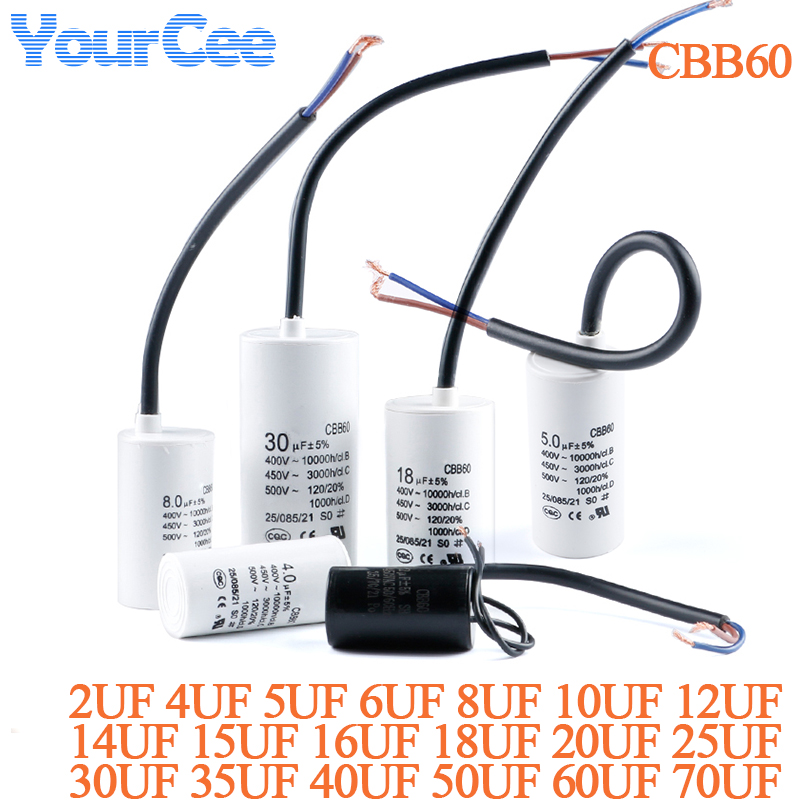 CBB60 Motor Run Capacitor Starting Capacitor AC450V 2/3/4/5/6/8/10/12/14/15/16/18/20/25/30/40/45/50/60/70UF for Washing Machine