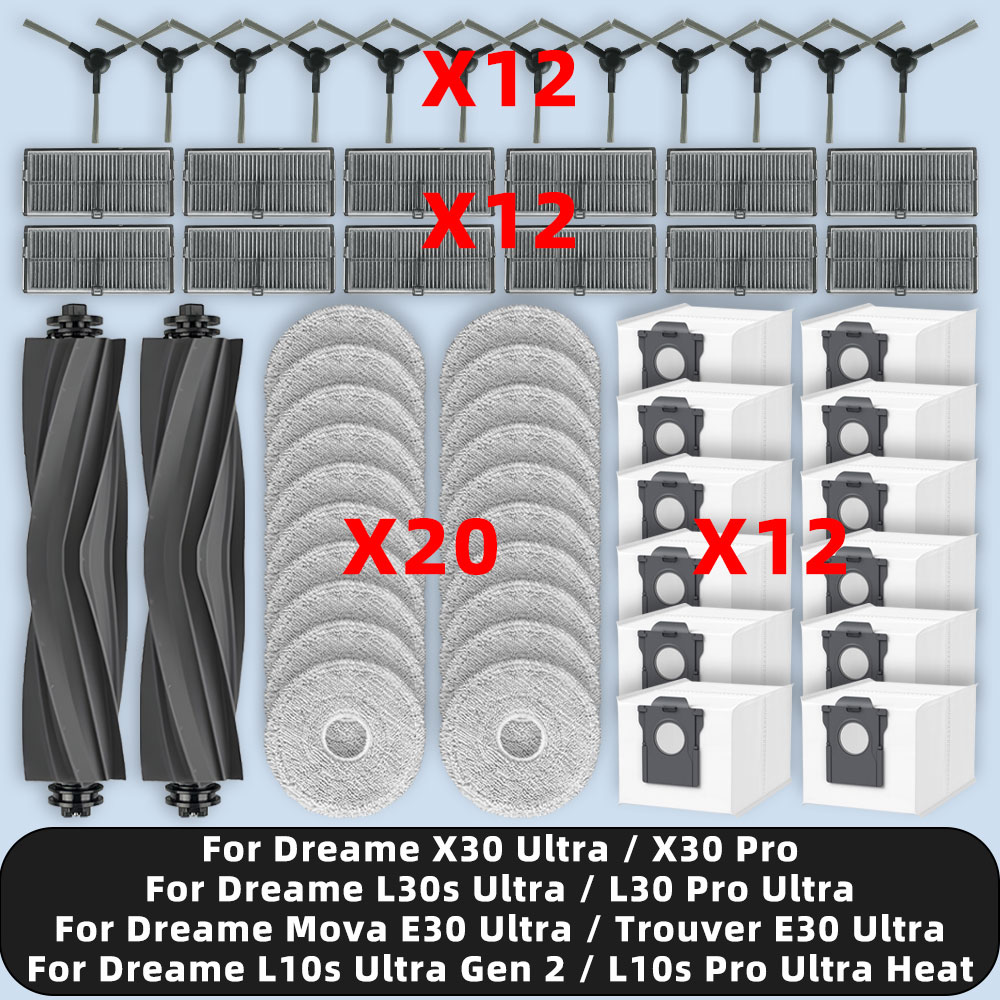 Аксессуары для Dreame Mova E30 Ultra / L10s Ultra Gen 2 / L10s Pro Ultra Heat / X30 Ultra / X30 Pro / L30s Ultra / Trouver E30 Ultra сменные детали, основная боковая щетка, фильтр НЕРА, Швабра, тканевый мешок для пыли