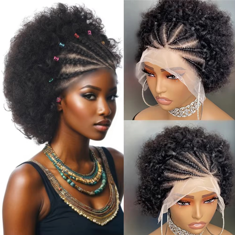 8 Zoll 13X4 Lace Front Short Afro Curly Braids Schwarze Perücke Damen 100 % Echthaar 250 % Dichte Leimlose Perücke Anfängerfreundlich