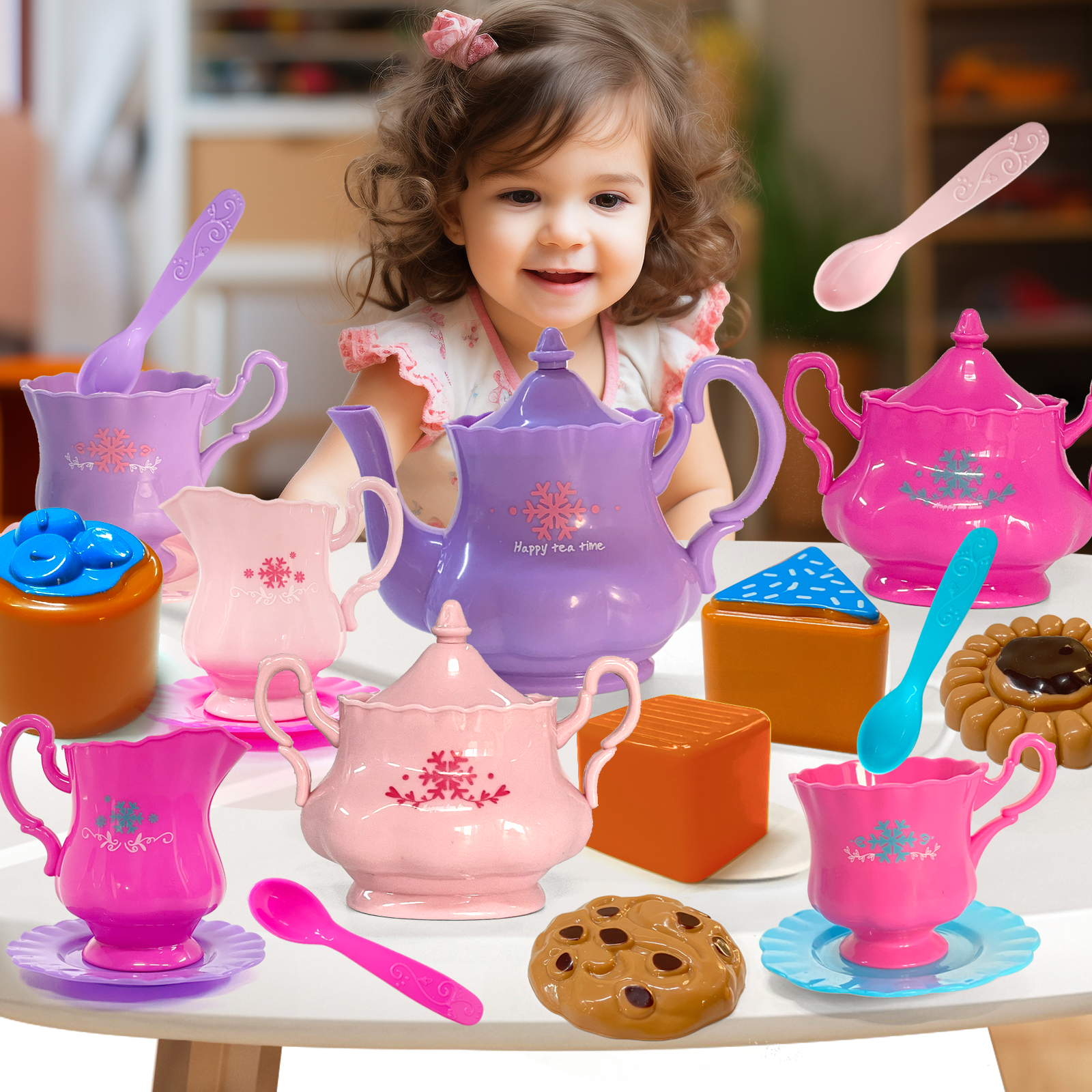 Juego de té para niñas pequeñas, juego de té, juego de té para niños pequeños, que incluye tetera, galletas, comida para juegos para niños, accesorios para fiesta de té