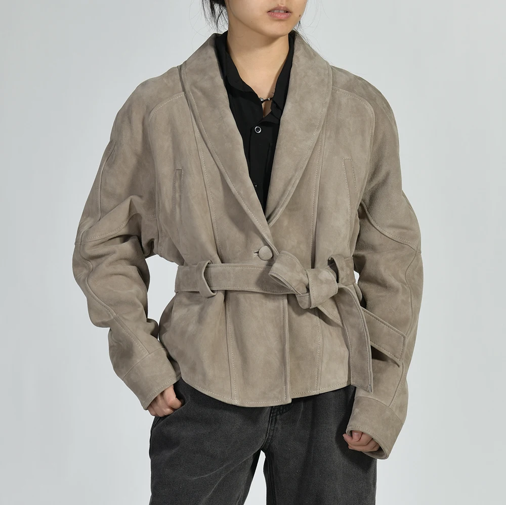Jxwatcher Damen-Mantel aus echtem Wildleder, 2025, Frühling und Herbst, neuer Stil, echte Schaffelljacke, Damenmode, Blazer mit Gürtel
