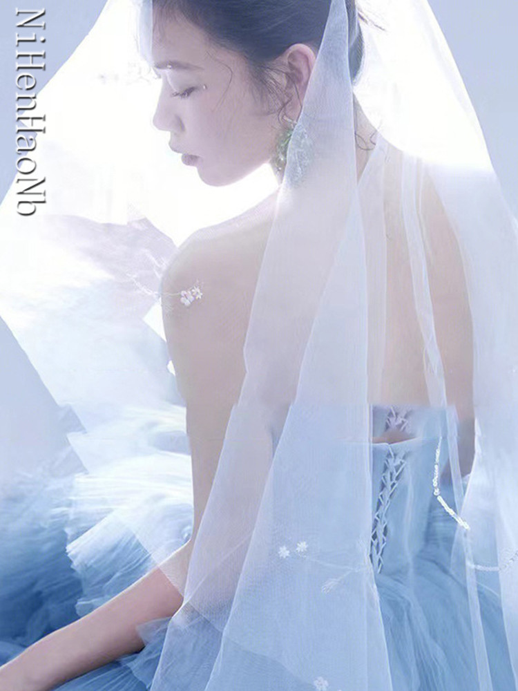 Princess Blue Quinceanera Dresses Strapless Multi-layer Evening Dress Sexy Sweep Tail Party Dress