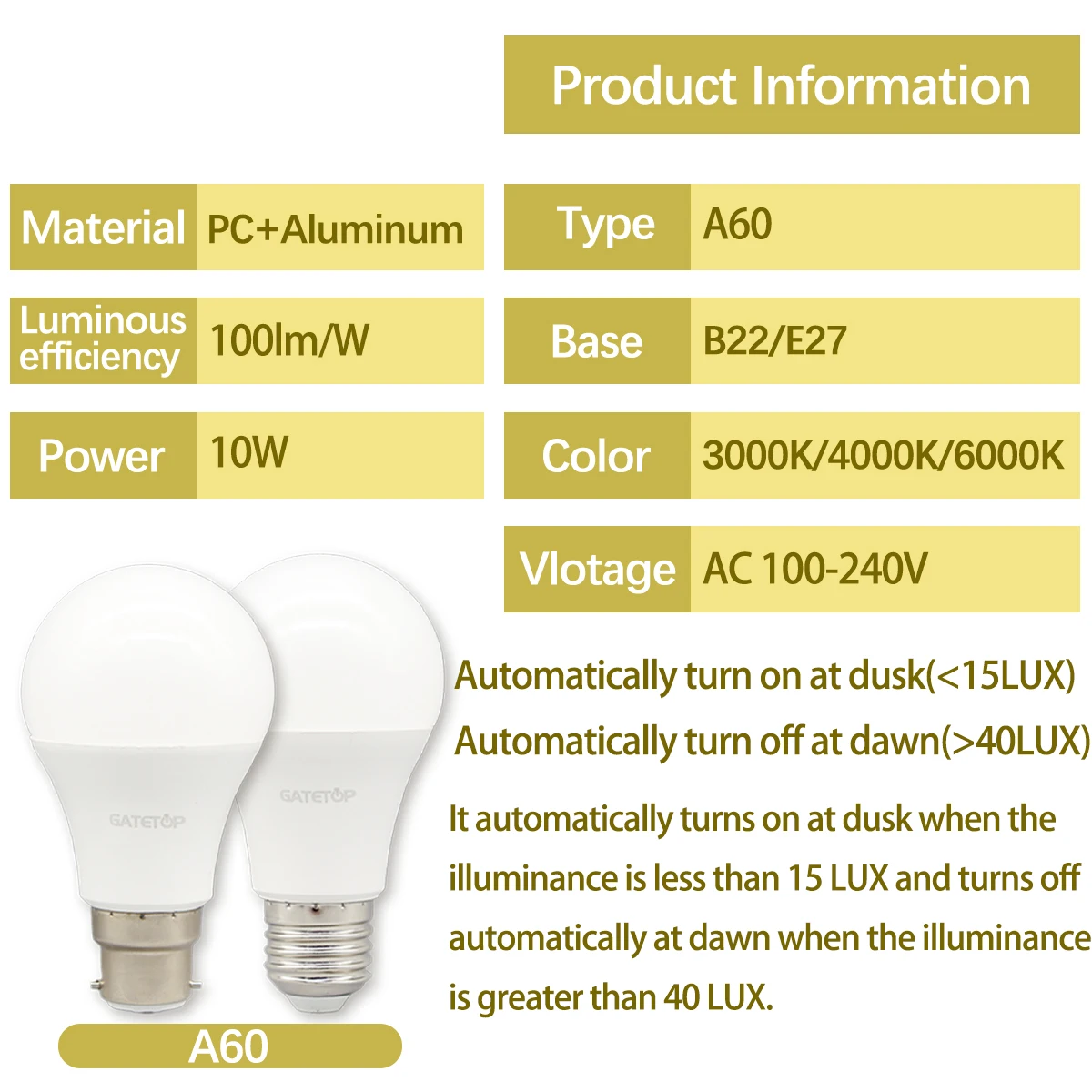 1pcs หลอดไฟ LED Light Sensor ควบคุมหลอดไฟ AC 220V 110V 10W E27 B22 Dusk TO Dawn หลอดไฟสําหรับทางเข้าโรงรถใต้ดิน