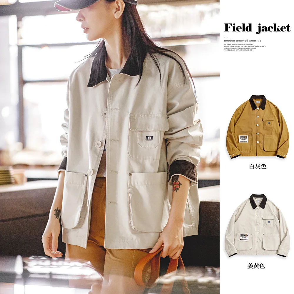 Maden Jaqueta feminina de outono com gola de veludo cotelê em amarelo gengibre e creme jaqueta oversize vintage estilo trabalho jaqueta de caça para mulheres