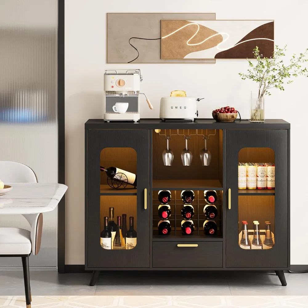 Modern Wine Bar Cabinet - with LED Light, Power Outlet, Wine Rack & Glasses Holder | Liquor Storage