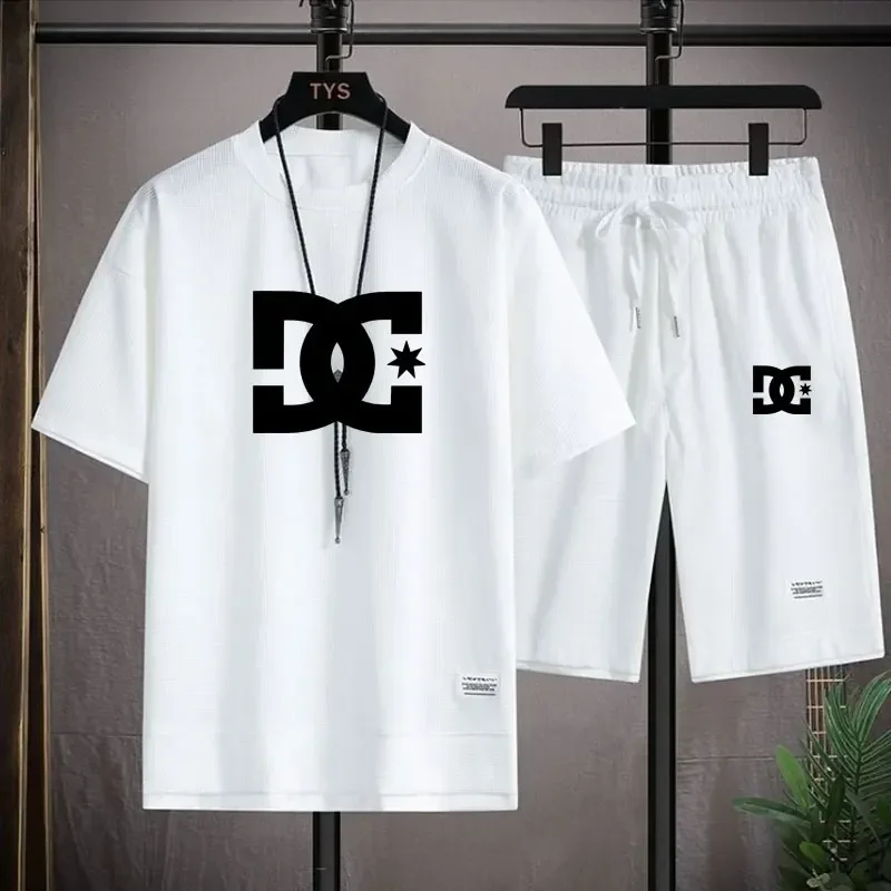 Novo verão masculino manga curta camiseta + shorts de jogging 2 conjuntos moda ao ar livre pesca respirável lazer terno esportivo masculino