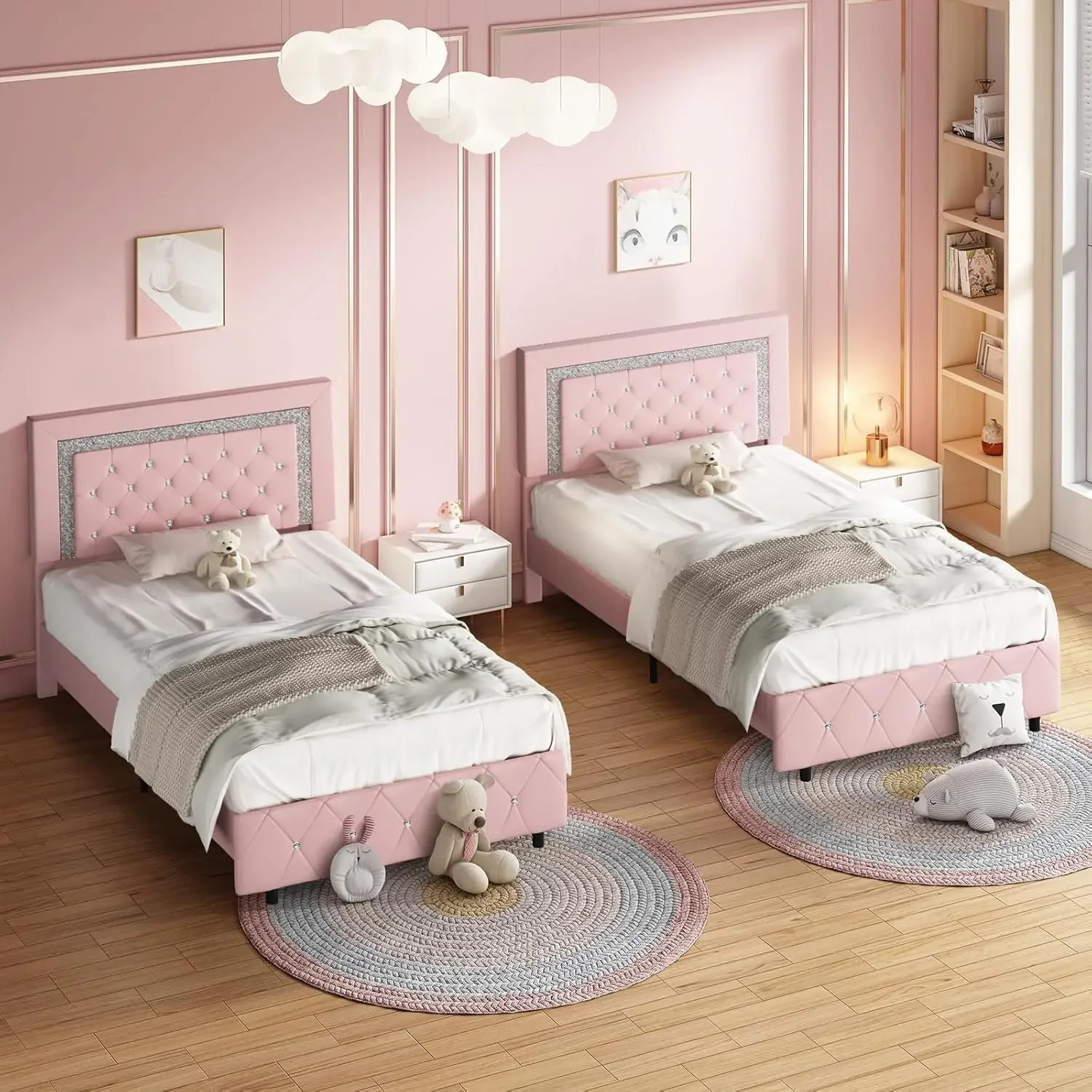Twin Bed Frame, Pink Upholstered Bed Frame Twin Size with Diamond Tufted Headboard, Girls Twin Bed Frame with Faux Leather