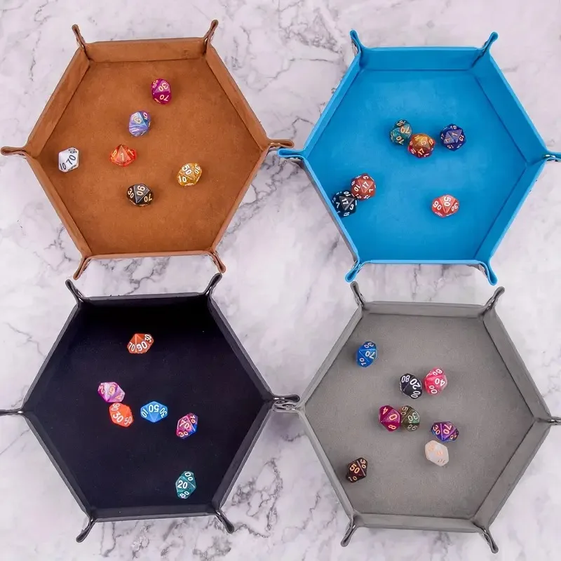 Bandeja de armazenamento dobrável de veludo de couro pu, bandeja de dados hexagonal, caixa de armazenamento de suporte de dados, cesta de armazenamento simples para jogo de dados, 1 peça