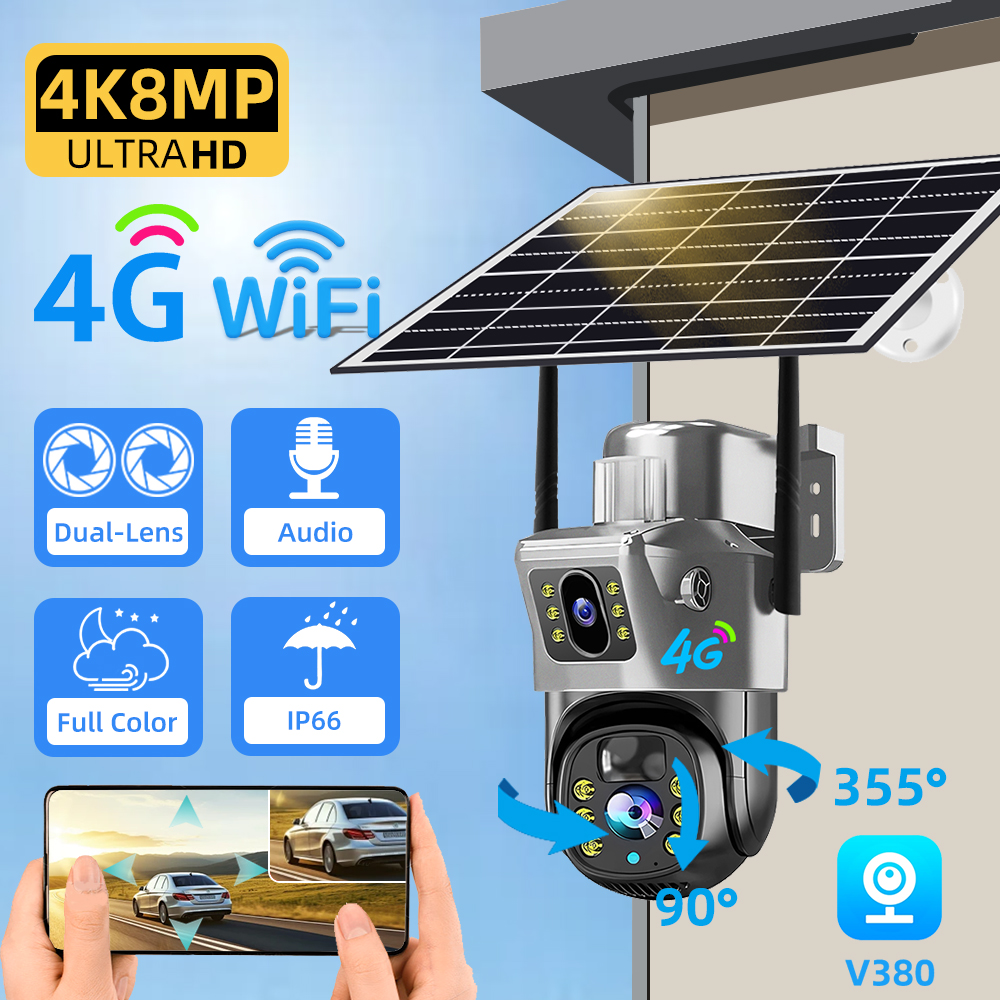 V380 PRO 12MP 4G cámara de seguridad exterior seguimiento automático 6K visión nocturna lente Dual PIR CCTV protección de seguridad