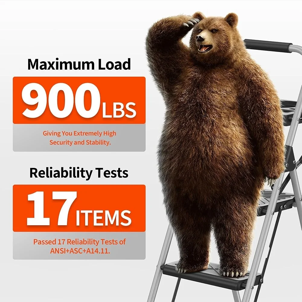 3 Step Folding Step Ladder Stool with Tool Tray Anti-Slip Pedal Heavy Duty Steel Construction 900lbs Portable Safe Space Saving