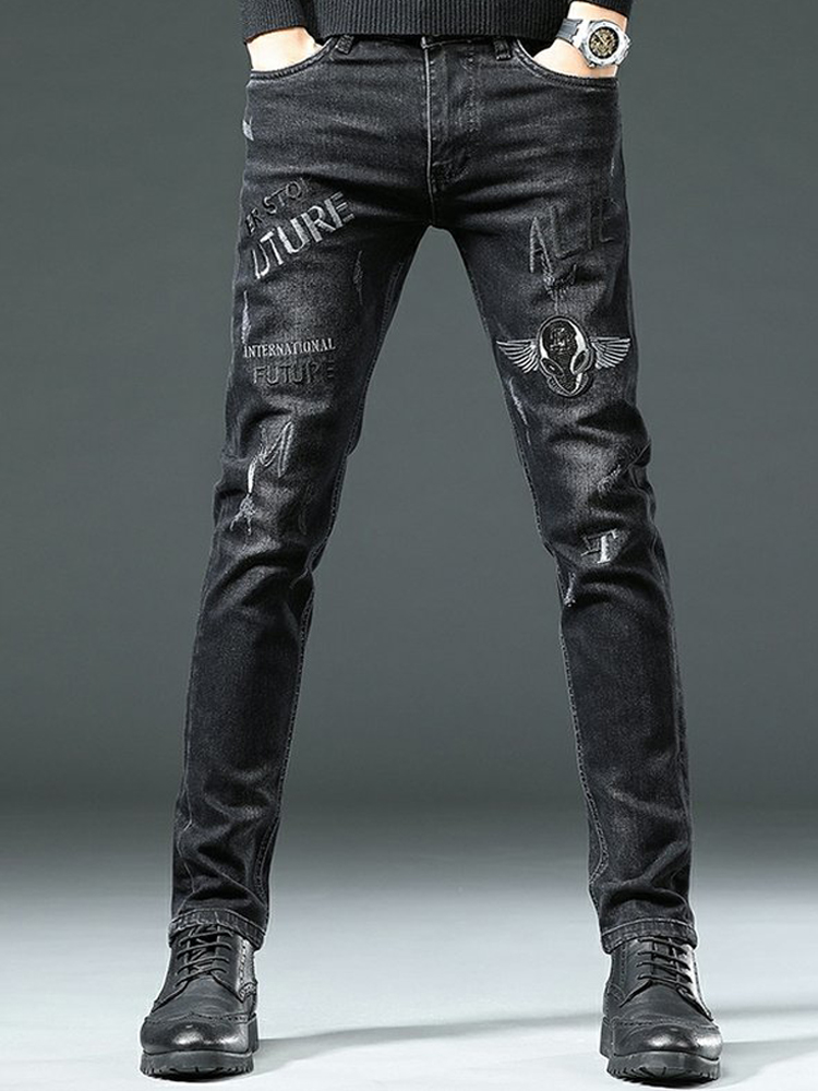 Wysokiej klasy stylowe, klasyczne, charakterystyczne, czarne dżinsy z nadrukiem dla mężczyzn Wysokiej jakości spodnie jeansowe Slim Fit Stretch Luxury