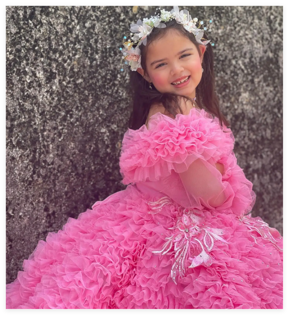 Luxuriöses rosa Blumenmädchenkleid für Hochzeit, Party, Applikation, extra bauschig, Prinzessin, heiliges Erstkommunionkleid mit langen Ärmeln