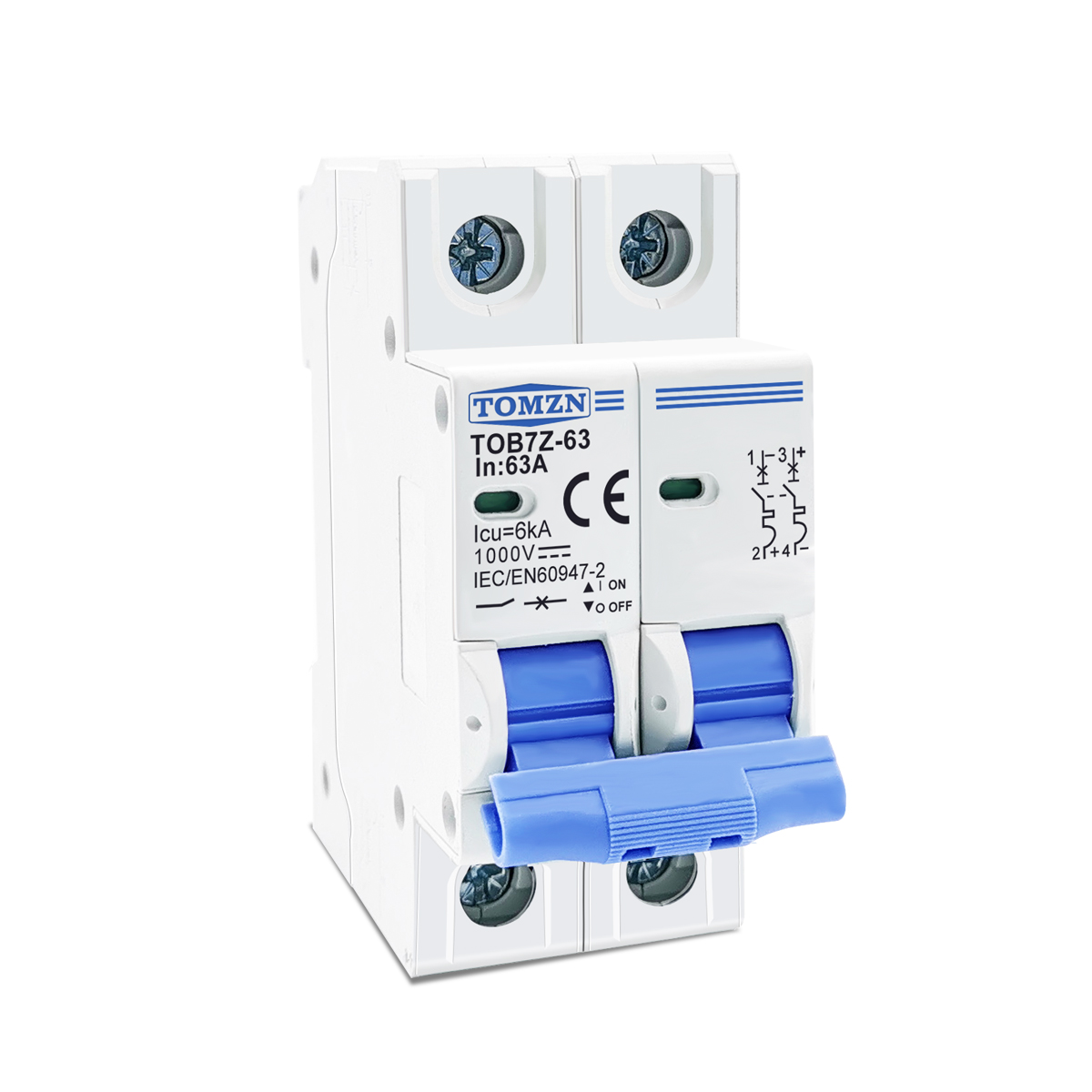 TOMZN TOB7Z-63 2P DC 1000V Солнечный мини-выключатель 3A 6A 10A 16A 20A 25A 32A 40A 50A 63A DC MCB для фотоэлектрической системы