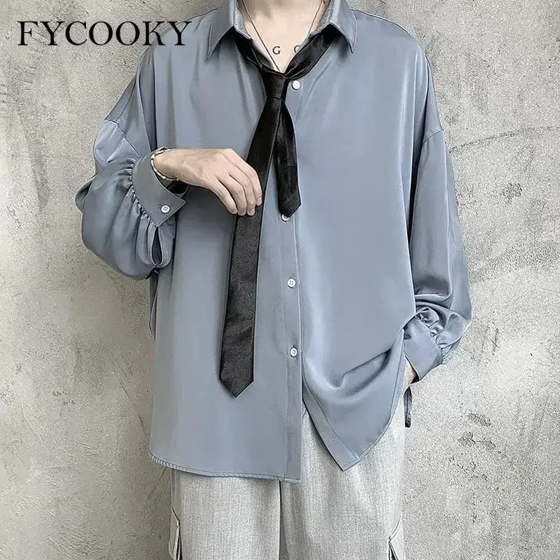 2025 Camicie nere a maniche lunghe da uomo Camicette comode coreane Camicia monopetto allentata casual con cravatta