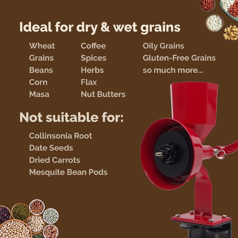 Manual Hand Grain Mill Red Wonder Junior Deluxe for Dry and Oily Grains - Kitchen Flour Mill, Grain Mill Hand Crank and Spice
