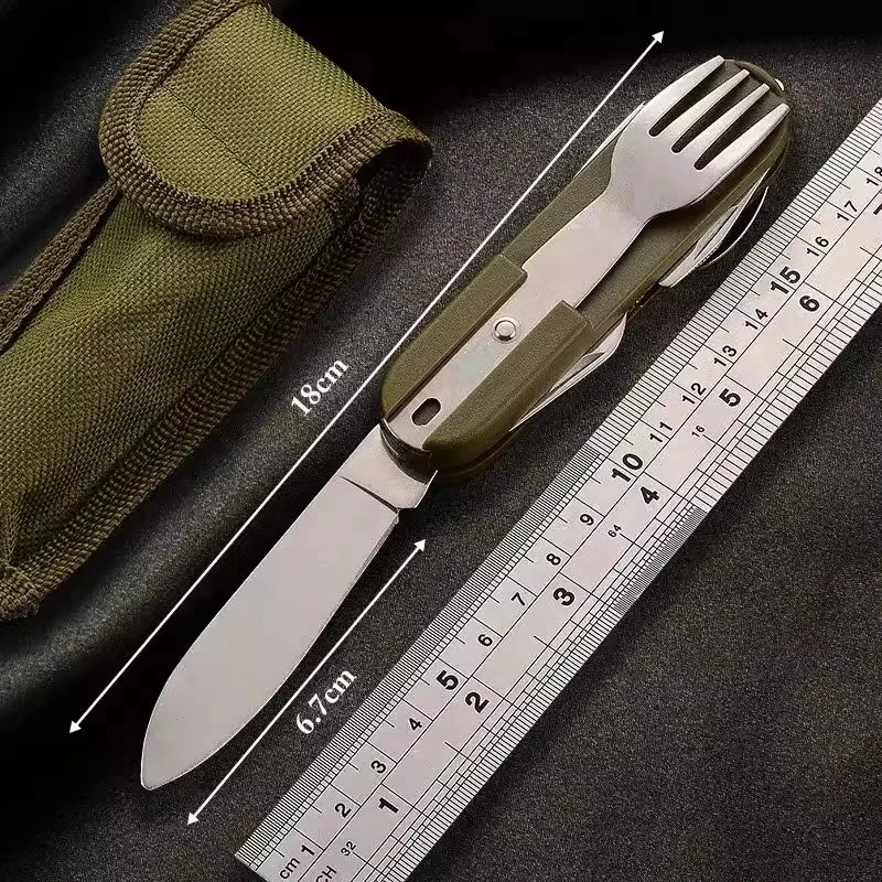 Attrezzatura da campeggio 7 in 1 Set combinato portatile con cucchiaio forchetta coltello e apribottiglie da viaggio, stoviglie stile zaino