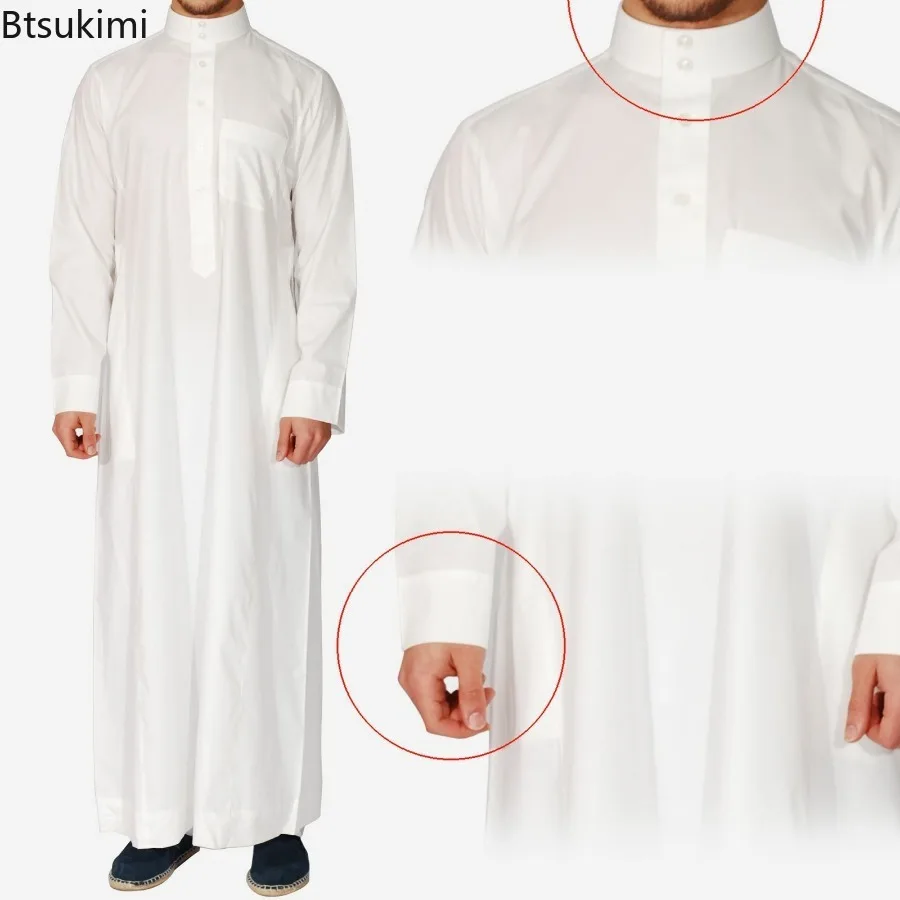2025 イスラム教徒のファッションアバヤ男性のための無地長袖カフタンスタンドカラーローブトーブ Jubba Dishdasha Thawb イスラム服