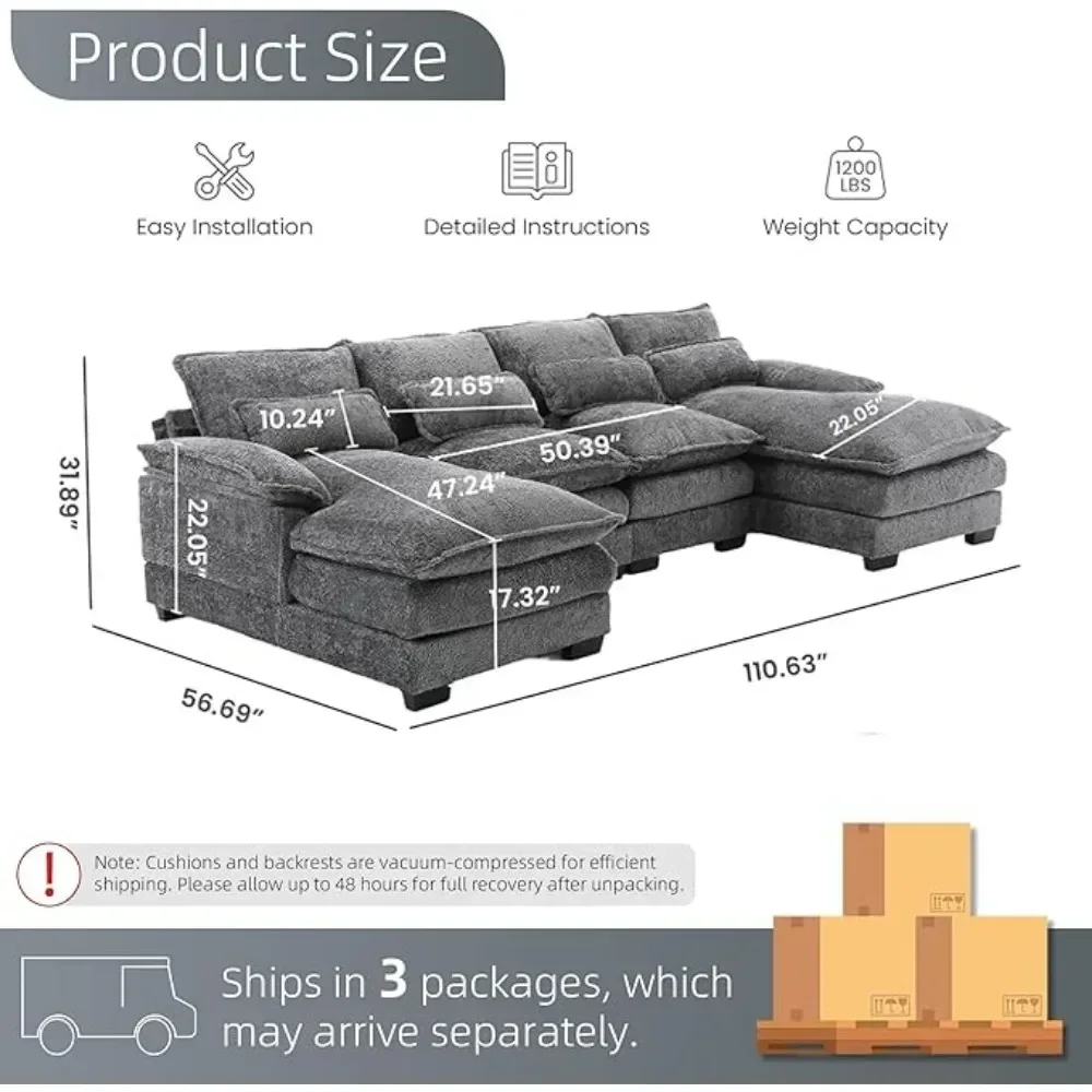 110"Sectional Sofa Couch for Living Room,Modern Chenille U-Shaped Couch,Comfy Modular Sofa Sleeper w Double Chaise Memory Foam