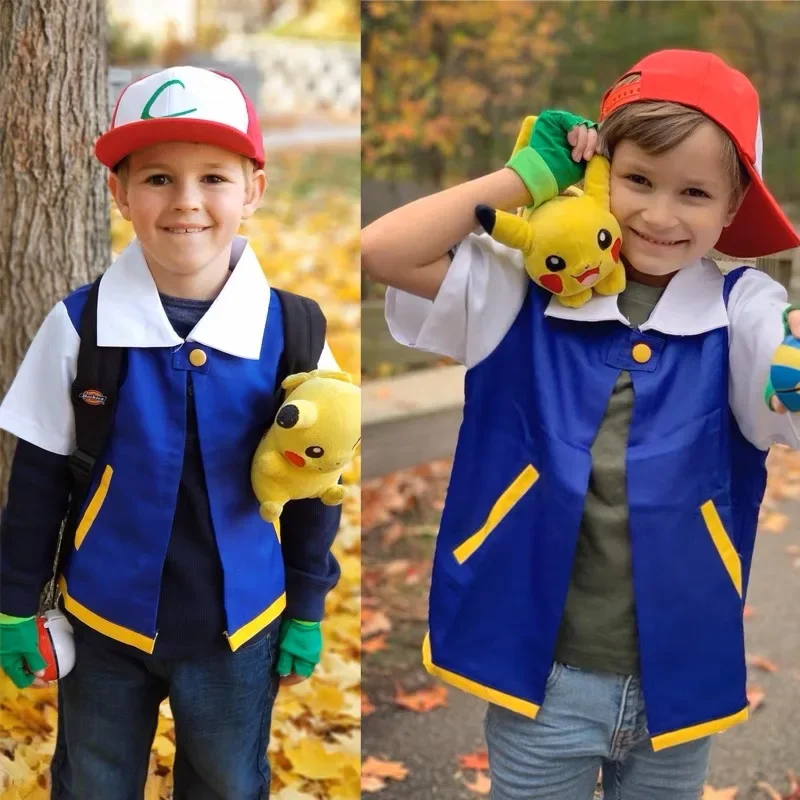 코스프레 애니메이션 Ash Ketchum 옷 남자 블루 자켓 의상 소년 소녀 코스프레 파티 트레이너 포켓몬 모자 장갑 세트