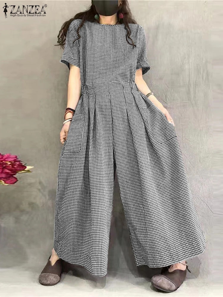 ZANZEA Kurzarm-Overall mit weitem Bein, plissierte Taille, O-Ausschnitt, lockere lässige Gingham-Overalls, 2023, modischer Damen-Langspielanzug