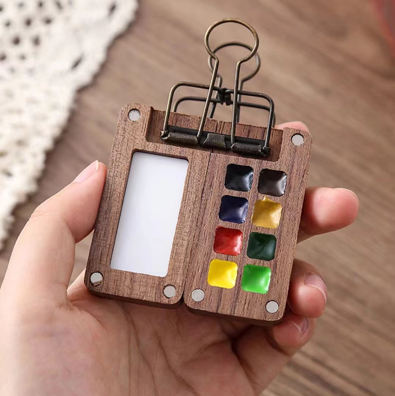 Draagbare Travel Houten Handgemaakte 0.5Ml Schmincke Aquarel Lade Doos Zwart Walnoot Palet Waterkleur Brush Book