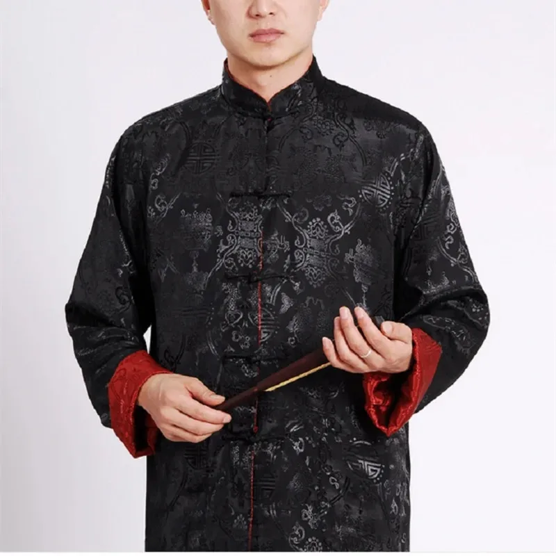 Heißer Verkauf Männer Chinesischen Stil Satin Seide Tang Anzug Jacke Doppelseitigen Langarm Kung Fu Mantel Hanfu Kleidung Jacken Größe S-3XL