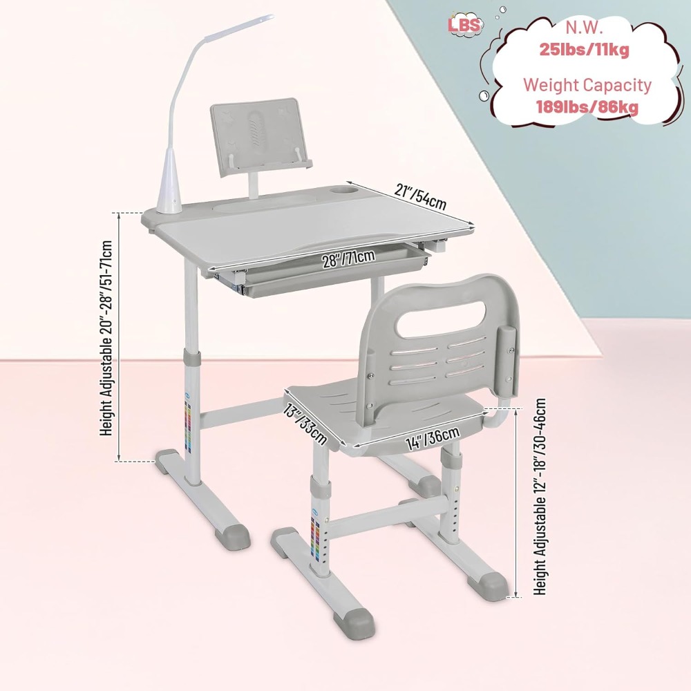 Height-Adjustable Kids Desk and Chair Set for Home Study with Storage, LED Light, Cup Holder, and Bookstand