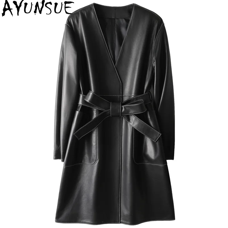 AYUNSUE 100% peau de mouton veste en cuir véritable pour femme 2025 mi-longue Trench Coat femmes vestes automne vêtements Jaqueta Couro