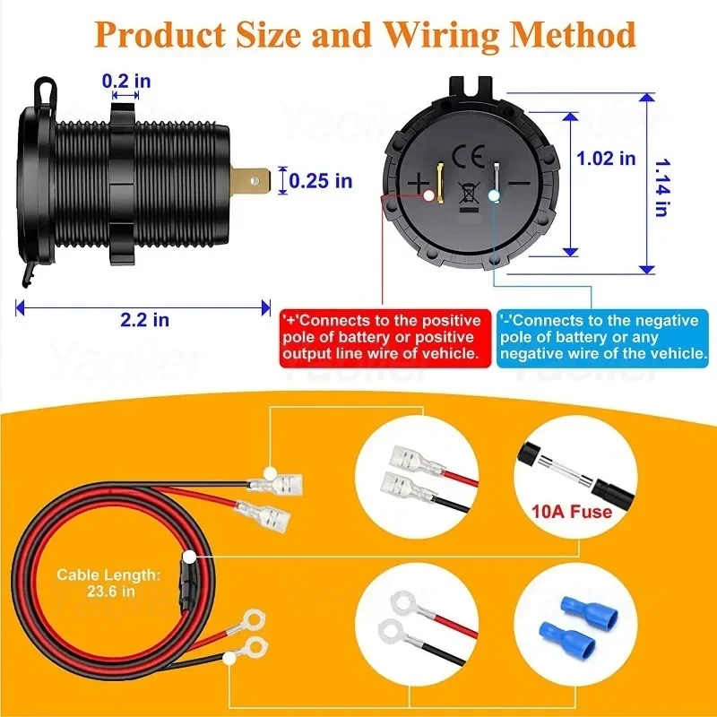 Kewig-enchufe USB de 12V, puerto de USB-C Dual PD de 108W, carga rápida 3,0, cargador USB para coche, toma de corriente impermeable con interruptor de voltímetro