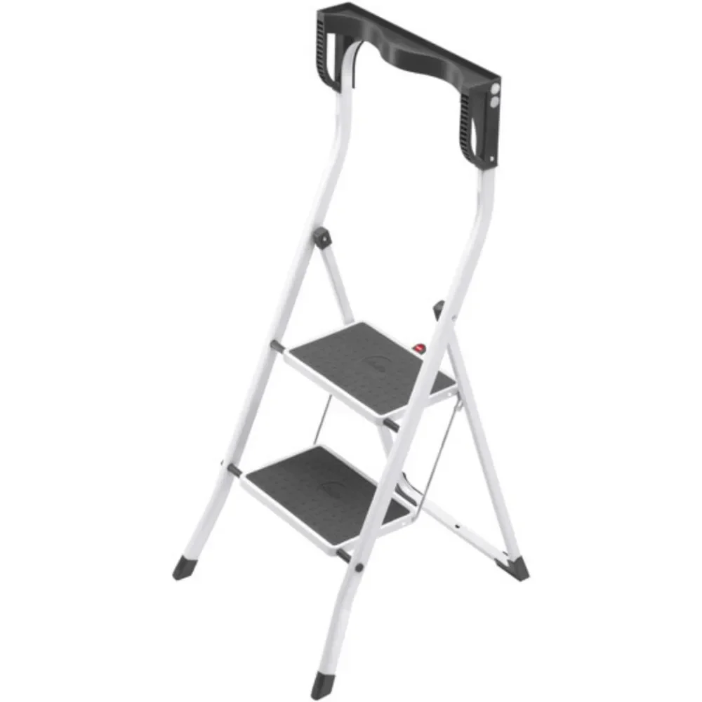 Safety Plus | Steel Folding Stepladder Two Large Steps with Non-Skid mats | High Curved Safety bar and Storage Tray