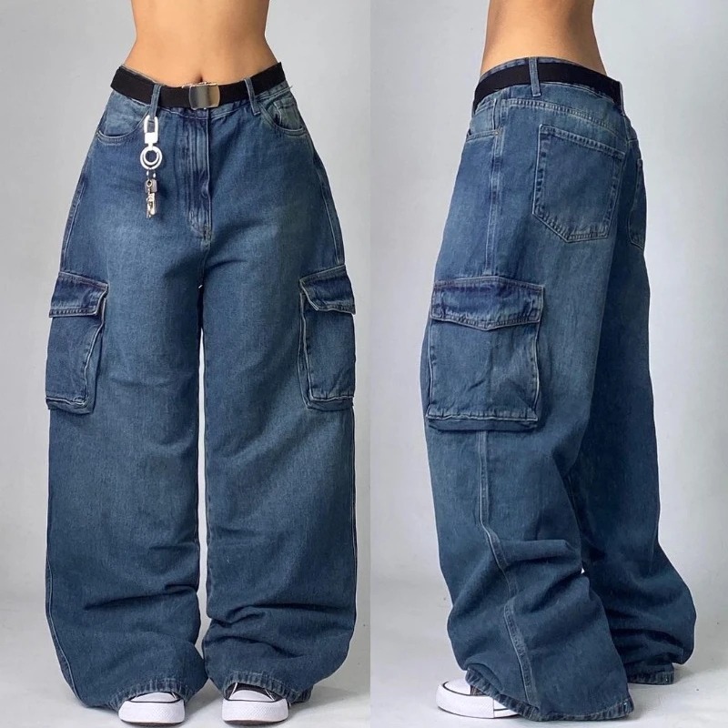 ストリートファッション新マルチポケット洗浄だぶだぶのジーンズ男性と女性 Y2K ヒップホップ原宿カジュアルゴシックハイウエストワイドズボン