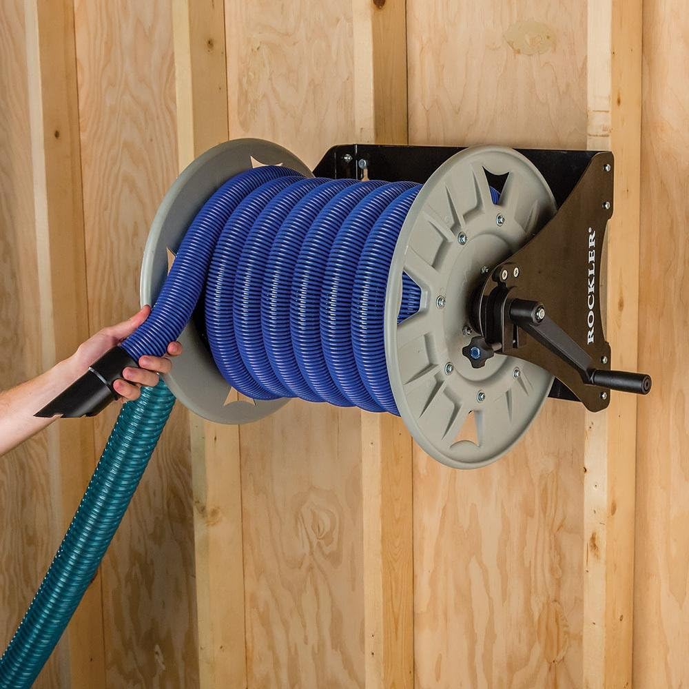 Vacuum Hose Reel - Holds 40' of 1-1/2'' Vacuum Hose Extension Reel w/Steel Frame - Adjustable Tension Knob,