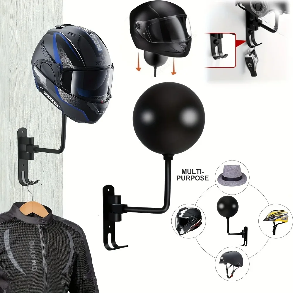 Supporto da parete per casco girevole 2 in 1 con gancio - Acciaio/Alluminio, 180 °   Girevole, 3 colori (nero/grigio/bianco) per casa/moto