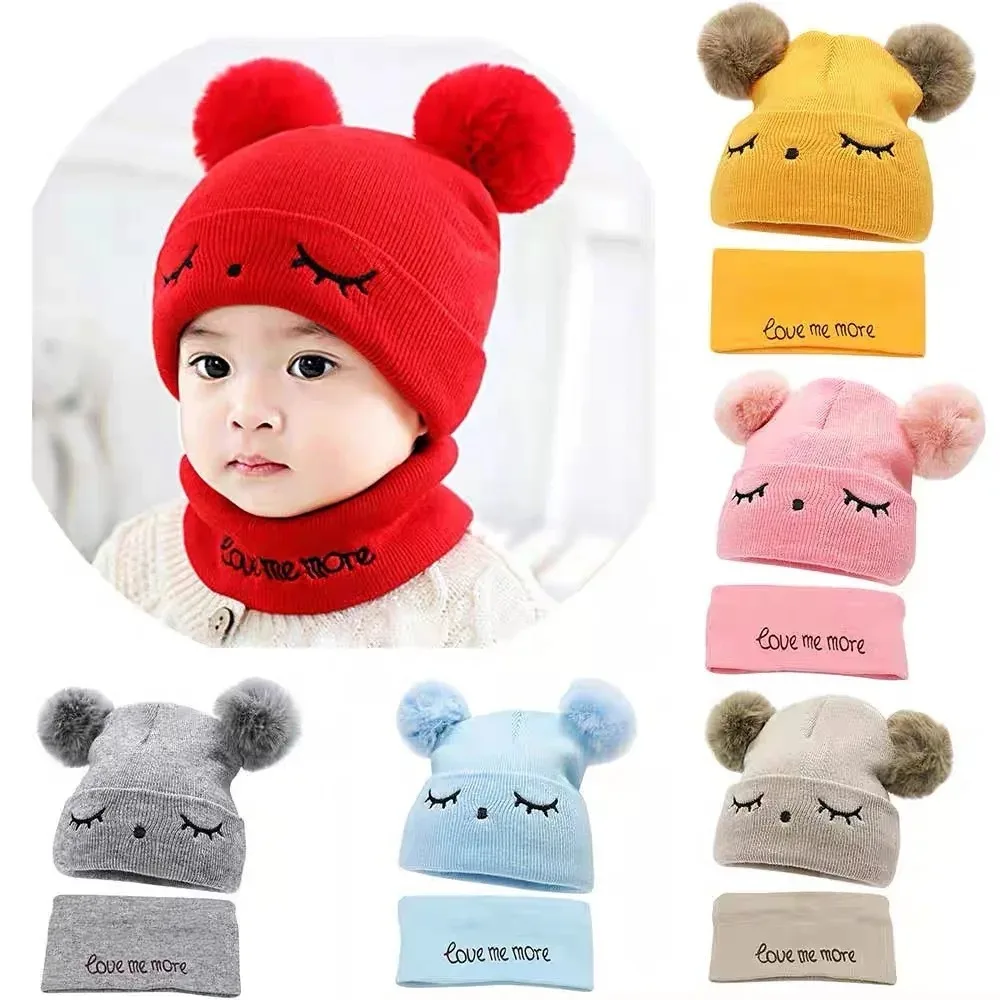 Gorro de punto de lana de algodón Flexible, pompón de Color sólido para bebé, conjunto de 2 piezas, gorro cálido