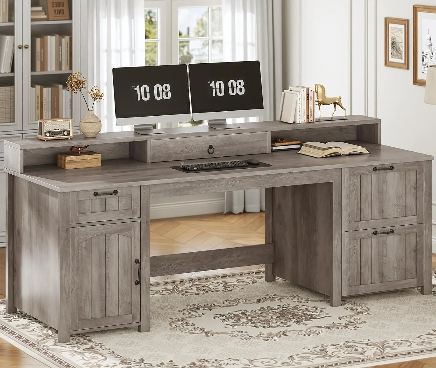"Farmhouse 63” Executive Desk, Wooden Computer Desk with Drawers & Storage – Includes File Cabinet for Home Office Organizatio