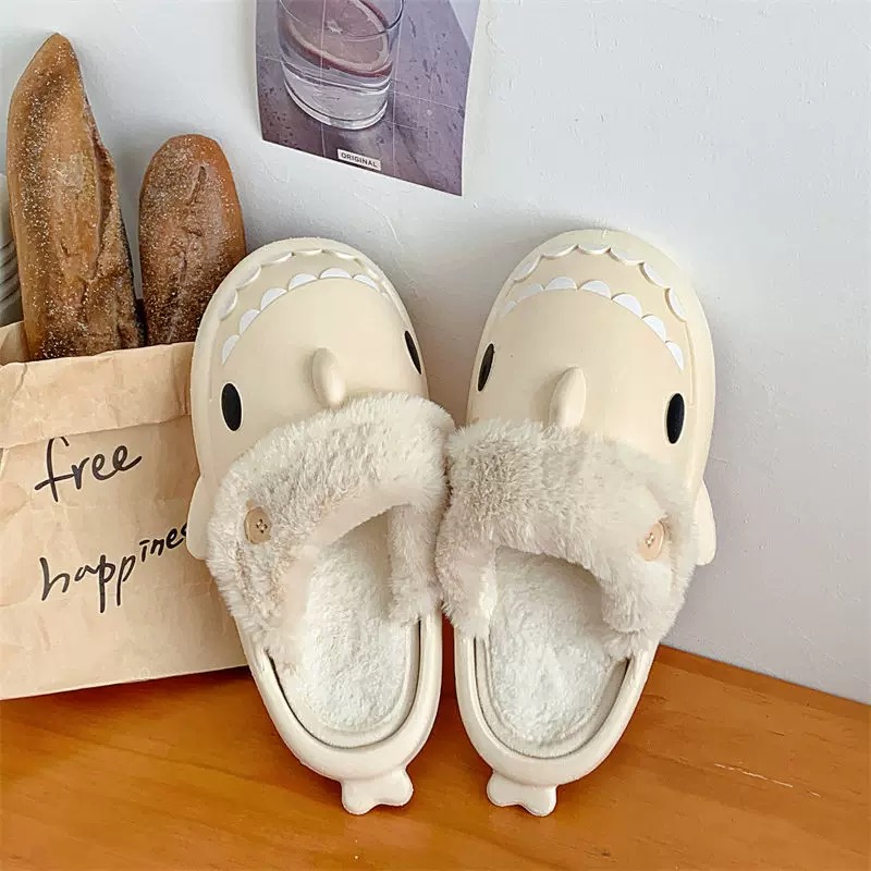 Shark รองเท้าแตะผ้าฝ้ายผู้หญิงกันน้ําฤดูหนาวในร่มลื่นสไลด์ Shark Flip Flops Plush Warm คู่รองเท้าแตะรองเท้าแบน
