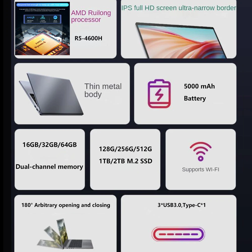 2024 AMD Laptops Gaming Office Notebooks Netbook Metal 15.6 inch Ryzen R5 4600H 6 Cores 64GB DDR4 1TB RJ45 Blacklit Keyboard