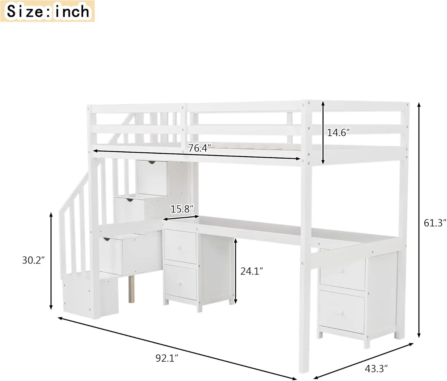 Twin Size Loft Bed with Desk and Storage Stairs, Wood Loft Bed with Desk & 4 Storage Drawers, High Loft Bed Frame with Storage